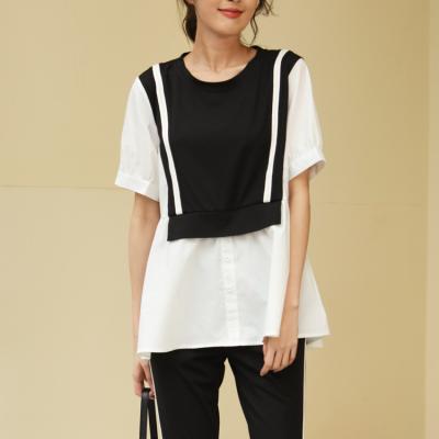 China New Design High Quality Anti-Wrinkle Button Front Patchwork Striped Short Sleeve Plus Size Women T-shirt for sale