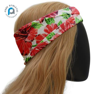 China Floral pure polyester fabric sports yoga cloth sports elastic Spandex headband stretchy Spandex headband for sale