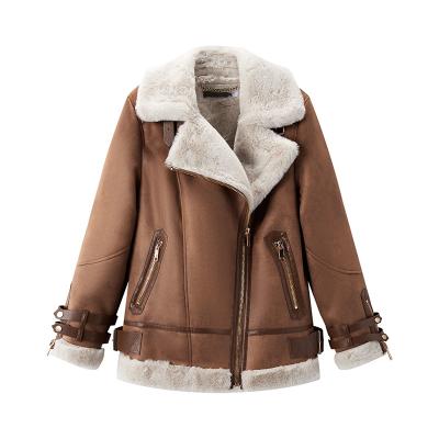 China Abrasion Resistance \ WHOLESALE B3 LADIES BOMBER JACKET FUR COAT CUSTOM WINTER FABRIC OUTDOOR Snap Test Pilling Resistance \ Pass BUCKLES WOMEN SHEARLING JACKET for sale