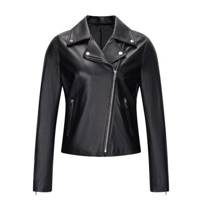 China REAL RTS Women's Genuine Leather Black Sheer Luxury Waterproof Lambskin Slim Pilot Jacket for sale