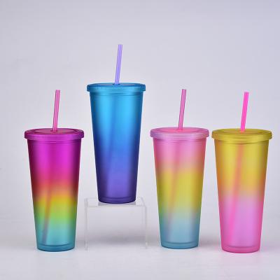 China DOUBLE WALL 16oz Multicolor Frosted Double Wall Printing Plastic Juice Coffee Cup Skinny Colored Water Drinks Cup With Lid And Straw for sale