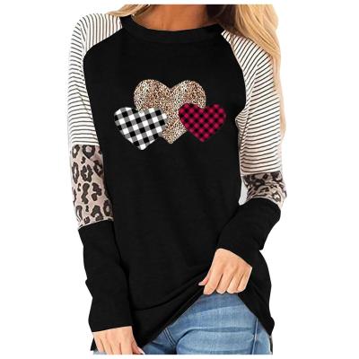 China New Arrival Valentines Day Color Leopard Breathable Top Stitching Heart Print Long Sleeve Women T-shirt Blouse for sale