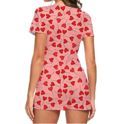 China Wholesale QUICK DRY Cute Print Pajamas Woman Onesie Pajamas Heart Printing Bodycon Shorts Sleeve Jumpsuit Onesie valentines for sale