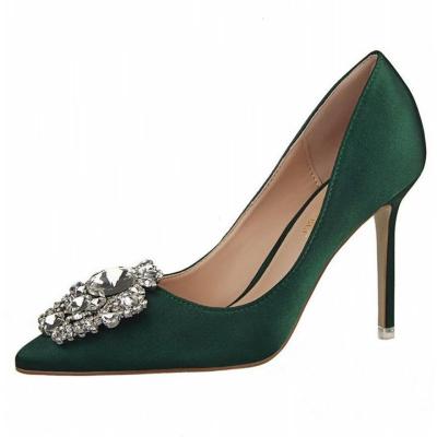 China Elegant Green Faux Stone Vert Tacones De Mujer Bling Shoe Talons Anti-odor Women Wedding High Heels For Ladies Pumps Shoes for sale