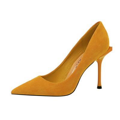 China Anti-Odor Zapatos De Tacon Suede Leather Private Label Led Ladies Pump Fashion 12 Cm High Heels Yellow Female Shoes for sale