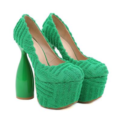 China 2022 Anti-odor Ladies Block Heel 16CM Round Head Shoes Platform Green Towel Material Women's High Heels for sale