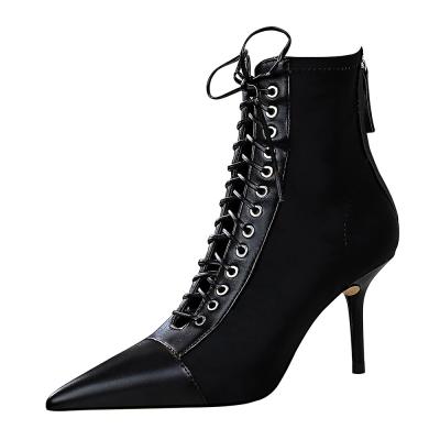 China Tacones Talons Women's Fashion High Heel Lace-up Boots Women's Cross-laced Hollow Anti-slippery Sharp-toe for sale