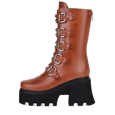 China Female Durable Motorcycle Plus Size 35-47 Buckle Strap Combat Military Chunky Platform Shoes Women Boots for sale