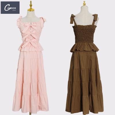 China Candice 2021 European Elegant 2 Piece Skirt Anti-Static Set Long Bow Tie Swing Dress Vintage From China for sale