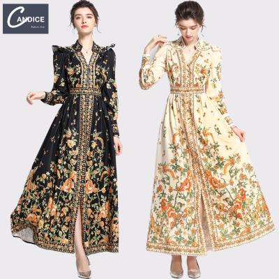 China Candice 2021 fall and winter new design anti-static dress floral maxi sleeve a-line Korean style long for sale