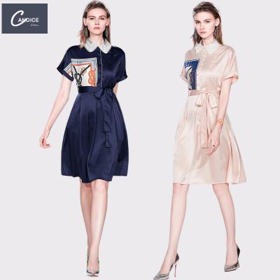 China Stylish Anti-Static Summer Turn Down Collar Shorts Women Fashion Lace Up Mid Length Printed Casual Dress for sale