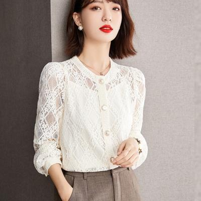 China Luxurious White Candice Anti-Pilling Drop Shirts Tops Fashion Lace Up Puff Sleeve Plus Size Women Tops And Blouses for sale