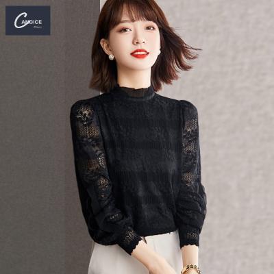 China Candice Lantern Sleeve Anti-pilling Long Sleeve Ladies Basing Collar Mesh Top Blouse Stand Lace White Shirt for sale