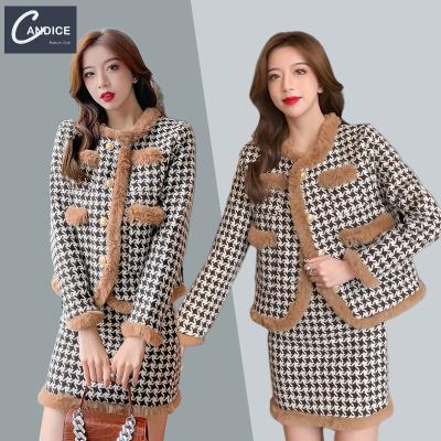 China Candice Japanese Style Anti-pilling Anti-pilling Tweed Skirt and Fur Jacket Thick Thick Two-Piece Set Women for sale