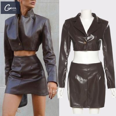 China Anti-pilling Candice 2022 latest fashion turn down neck 2 piece long sleeve mini set women's top leather skirt for sale