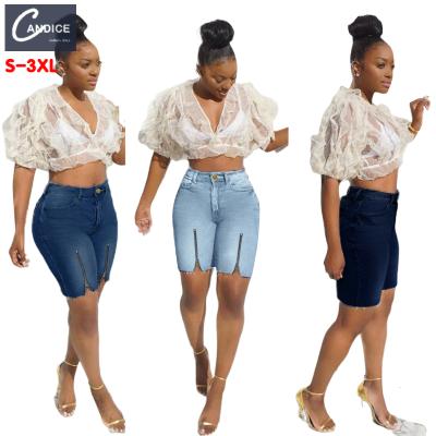 China Candice 2021 Fashion Woman Breathable Custom Split High Rise Waist Denim Pants Plus Size Style Women's Lattice Shorts for sale