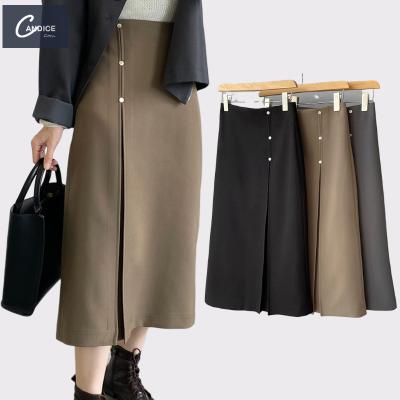 China Candice Ladies Autumn Collection Midi Solid Color Anti-static Elegant Button Decoration High Waist Slit Draped Skirt for sale