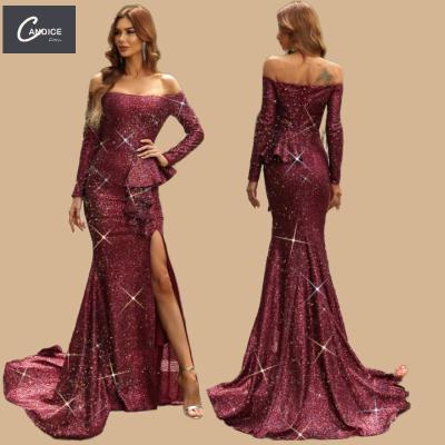 China Candice Haute Couture Anti-Static Long Sleeve Off The Shoulder Floor Length Prom Dress Luxury Sequin Evening Dresses for sale