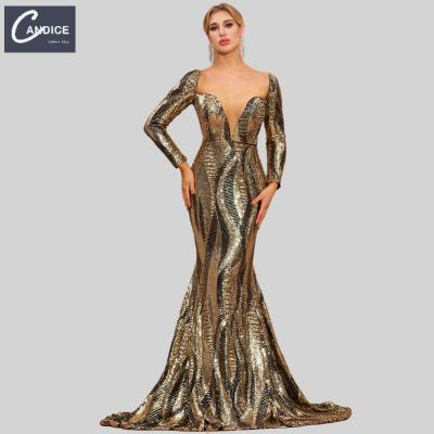 China Candice Haute Anti-Static Sewing Ball Gown Long Sleeve Prom Sequin Dress Elegant Gold Luxury Evening Dresses With Sequined for sale