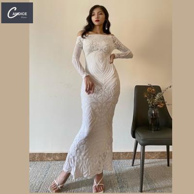 China Candice Wedding Dresses 2021 White Elegant Sequin Long Sleeve Evening Dress Formal Cost Effective Anti-Static Prom for sale