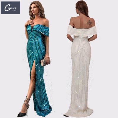 China Candice Haute couture meeting suit anti-static temperament off the shoulder dress white formal banquet evening dress for sale