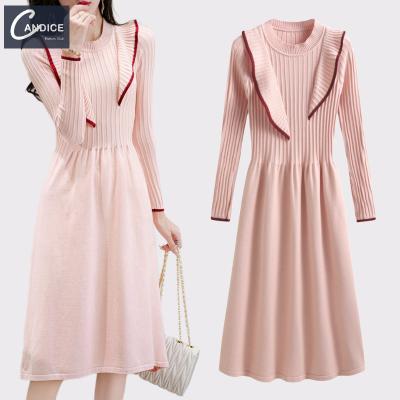 China Candice anti-static 2021 high fashion clothing y2k fashionable round neck ruffles drop knit long woolen sweater dress for sale