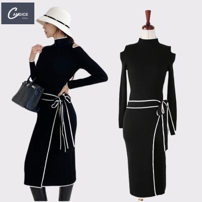 China Candice Anti-Static Well Knitted Women's Autumn Winter Wear Striped High Neck Long Sleeve Women's Midi Sweater Dress for sale