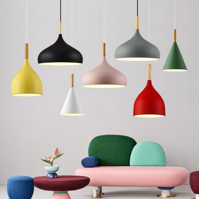 China Nordic modern simple metal chandelier wood dining room E27 colorful restaurant pendant light for sale