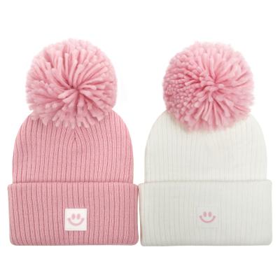 China COMMON Baby Kids Ribbed Knit Beanie Stretch Winter Warm Pompom Cuff Hat Beanie For Toddlers Girls Boys for sale