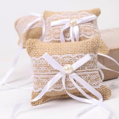 China Vintage Burlap Lace Up Wedding Ceremony Bridal Ring Bearer Pillow Cushion Pouch For Wedding Ceremony Because-310 for sale