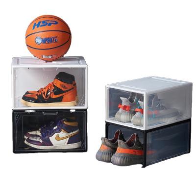 China Magnetic Attraction Sustainable Plastic Shoe Box Transparent Front Opening Side Opening Shoe Box for sale