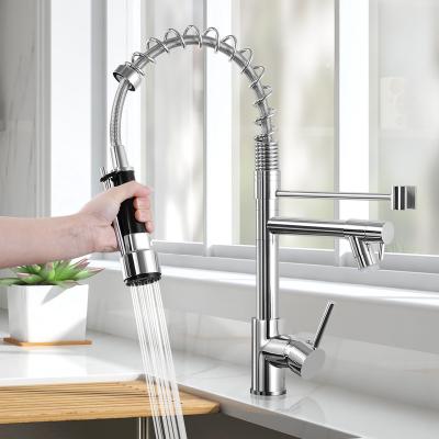 China Pull Out Spray Factory Wholesale 304 Stainless Steel Kitchen Faucet Pull Chrome Down Led Faucet Light Dual Outlet 3 Way Kitchen Faucet for sale