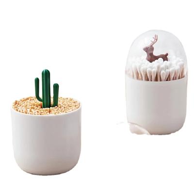 China Viable Decoration Cute Cartoon Table Box Cotton Swab Dispenser Toothpick Plastic Jar Organizer with Clear Lid for Living Room Home for sale