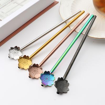 China 304 Stainless Steel Creative Viable Wholesale Straw Spoon Milk Tea Straw Spoon Coffee Stirring Spoon Flower Sakura for sale