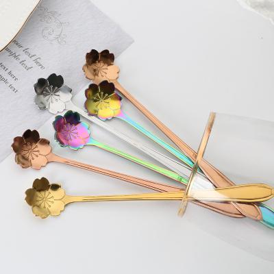 China 304 Stainless Steel Sakura Coffee Mixing Dessert Spoon Japanese Style Viable Flower Creative Gold Long Spoon for sale