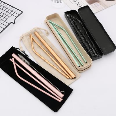 China Viable Coffee Milk Tea Pattern Straw 304 Stainless Steel Straw Set With Brush And Cloth Bag Box Packing Customized for sale