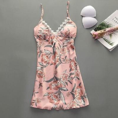 China QUICK DRY Ladies Pajamas With Printing Lace Satin Silk Pajamas Dress Womens Underwear Comfortable Nightgowns Ice Daily Life Silk Spandex for sale