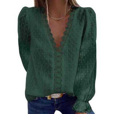 China Girls 2022 New Solid Color Summer Women Chiffon Shirt Anti-wrinkle V-Neck Jacquard Women Blouses Long Sleeve Top for sale