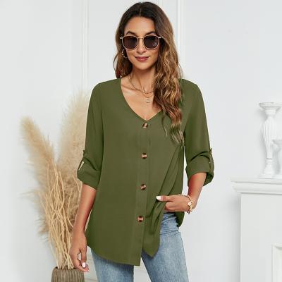 China New Ladies Blouses 2023 Women Anti-Wrinkle Solid Color V-Neck Shirt Long Sleeve Single Breasted Loose Cardigan Top for sale