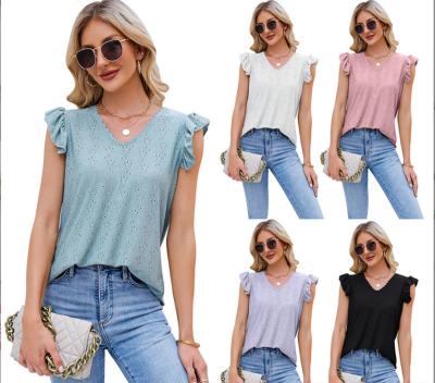 China 2023 High Quality New Anti-wrinkle Summer Solid Color Lace Stitching Hollowed Out V Neck Sleeve Summer Women Short T-shirts for sale