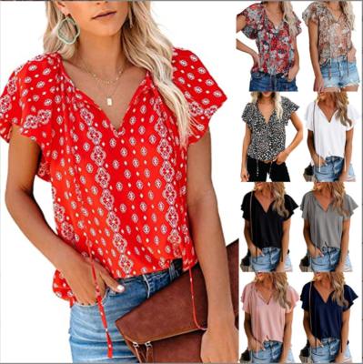 China high quality Anti-wrinkle women's clothing 2023 new summer flower print V-neck shirt short sleeve T-shirt women top for sale