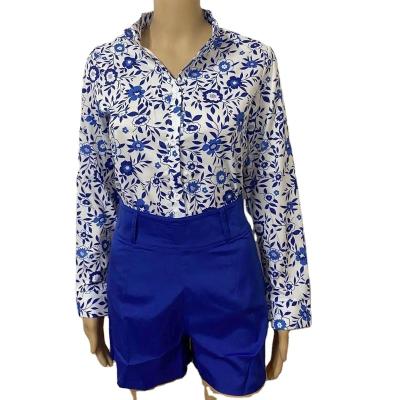 China New border women's shorts top set of breathable wholesale digital printed women's collar support long-sleeved shirt with belt for sale