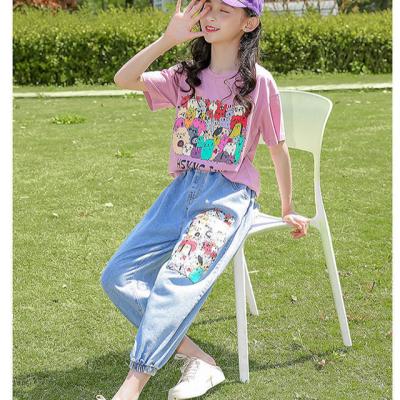 China 2023 new viable girls' summer clothes fashion big children's wide sports jeans set 12-year-old girl's clothes for sale