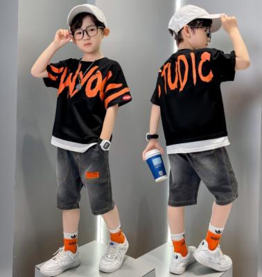 China Hip Hop Children's Suit Boy's New Summer 2023 Short Sleeve Printed Two-piece Suit Handsome Thin Printed Two-piece Suit for sale