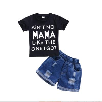 China New Summer Casual Children's Clothes Letter Short Sleeve Printed T-Shirt Ripped Denim Shorts 2 Piece Set for sale