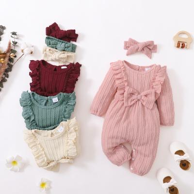 China 2023 Autumn Model New Korean Breathable INS Baby Spring And Solid Color Lace Overalls Long Sleeve Romper With Headband for sale