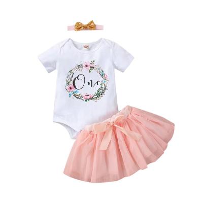 China New Anti-Shrink Comfortable Border Girls Summer Suit Baby Short Sleeve Infants One Year Birthday Suit Mesh Dress Set for sale