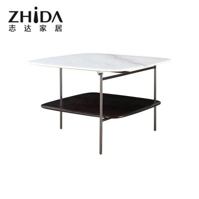 China Zhida good quality sauqre modern hot sale white marble mdf smoked veneer black titanium steel side coffee table for sale