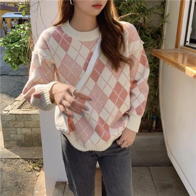 China Breathable pink Diamond Sweater Women Retro 2021 new winter loose knit sweater knitting fashion long sleeve pullover sweater for sale