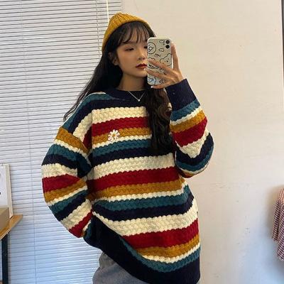 China Fashion Breathable Korean Rainbow Striped Women's Cardigan Sweater Winter Kawaii Oversized Vintage Harajuku Long Sleeve Jumper Female for sale